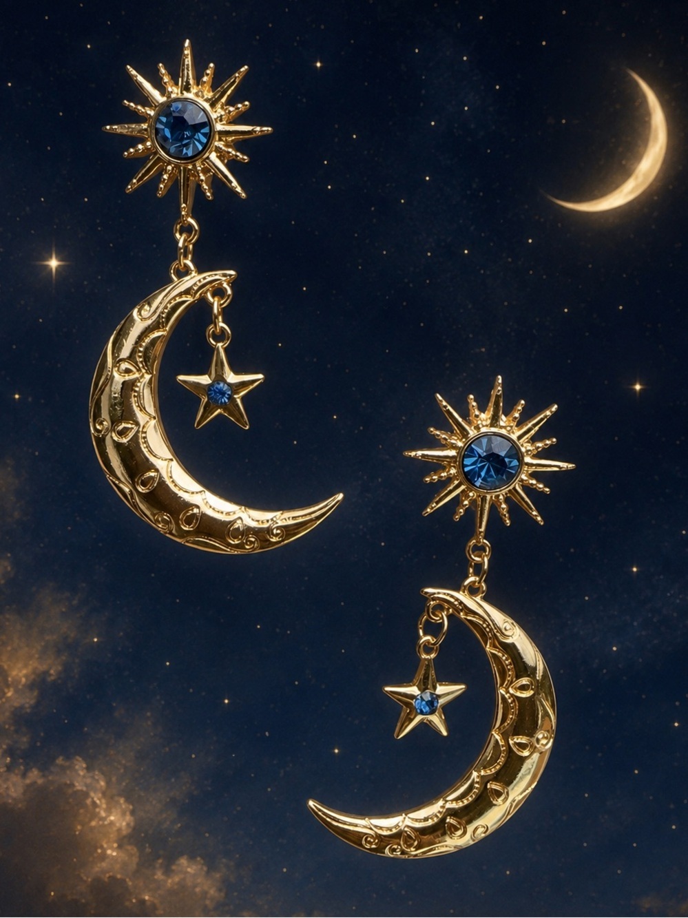 Moon & Sun Drop Earrings with Blue Stones